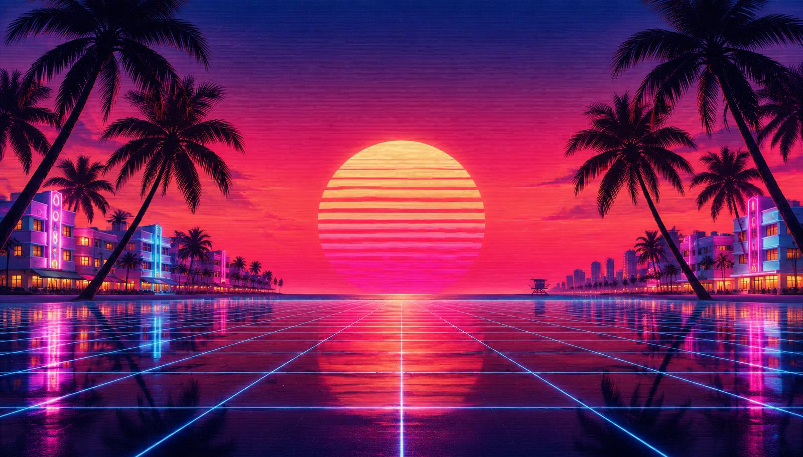 Neon Miami sunset with palm silhouettes and a wireframe grid horizon